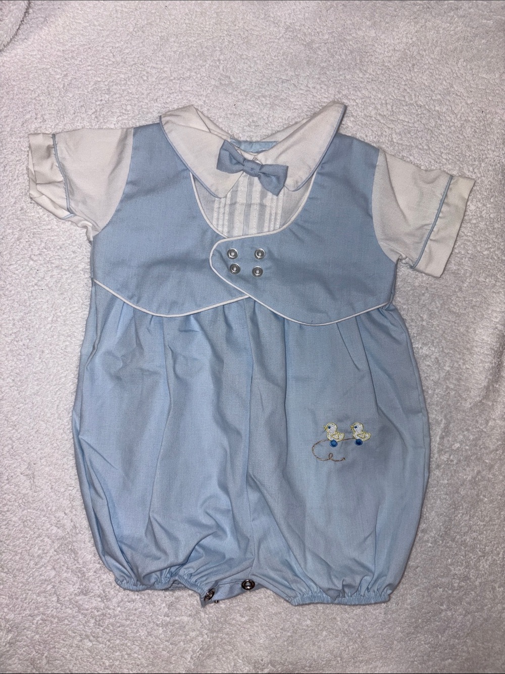 Alexis Light Blue White Baby One-Piece Romper bow tie ducks 3m